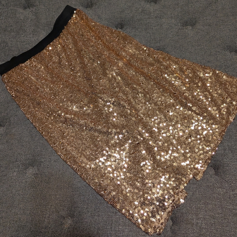 Worthington Plus 1X (Waist 40) Womens A Line Sequin Skirt Elastic Waist Gold
